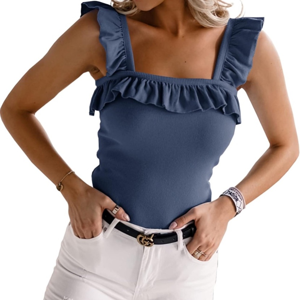 Ruffled Square Neck Tank Top - Blue